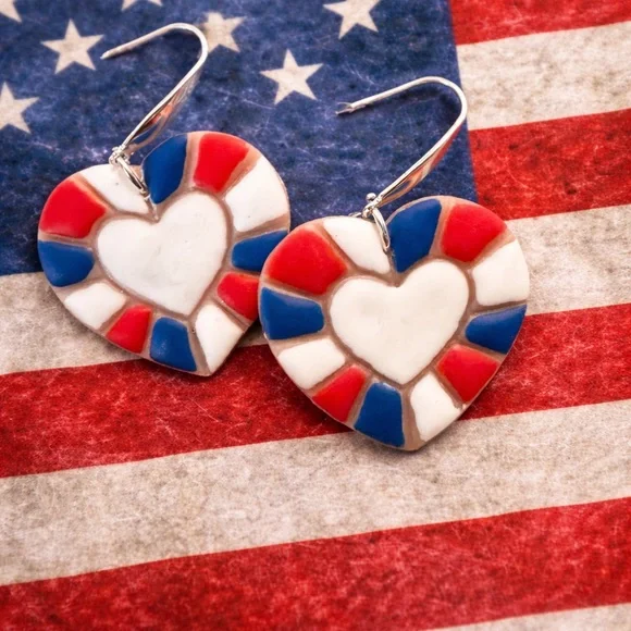 Patriotic Heart Dangle Handmade Polymer Clay Earrings – Red White Blue - Picture 1 of 1